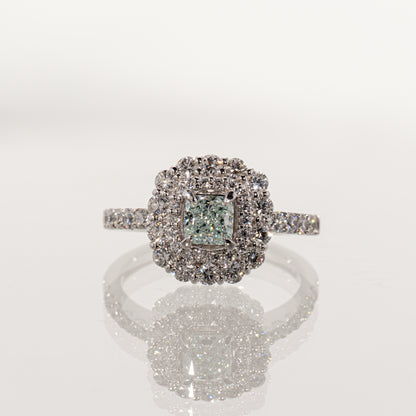 FANCY LIGHT BLUISH GREEN ダイヤモンド0.54ct メレダイヤモンド0.94ct Pt900 ダブルヘイローリング
