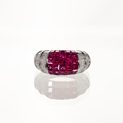 ルビー3.03ct ダイヤモンド0.80ct K18WG ミステリーセッティングリング