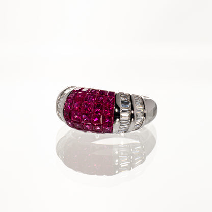 ルビー3.03ct ダイヤモンド0.80ct K18WG ミステリーセッティングリング