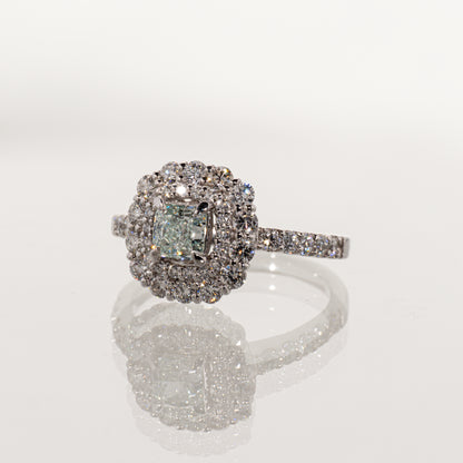 FANCY LIGHT BLUISH GREEN ダイヤモンド0.54ct メレダイヤモンド0.94ct Pt900 ダブルヘイローリング