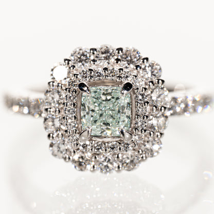 FANCY LIGHT BLUISH GREEN ダイヤモンド0.54ct メレダイヤモンド0.94ct Pt900 ダブルヘイローリング