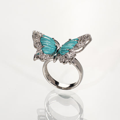 ターコイズ3.087ct ダイヤモンド0.31ct Pt900 パピヨンリング