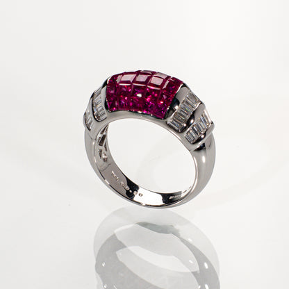 ルビー3.03ct ダイヤモンド0.80ct K18WG ミステリーセッティングリング