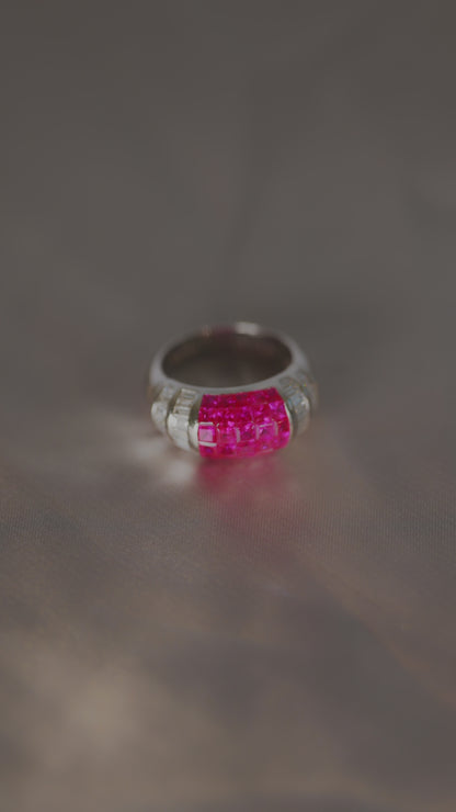 ルビー3.03ct ダイヤモンド0.80ct K18WG ミステリーセッティングリング