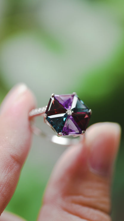 マルチカラーストーン4.67ct ダイヤモンド0.16ct K18WG カクテルリング